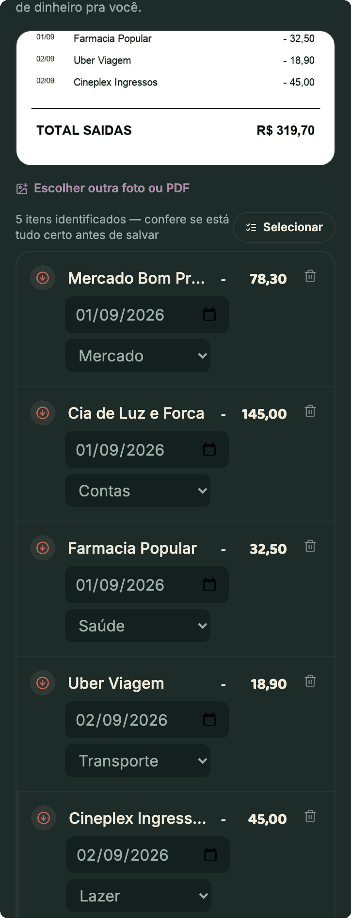 Extrato com 5 compras diferentes, cada uma reconhecida e categorizada certinha: mercado, contas, saúde, transporte e lazer