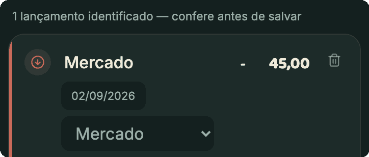 Tela real do app mostrando a frase reconhecida e lançada como Mercado, R$ 45,00