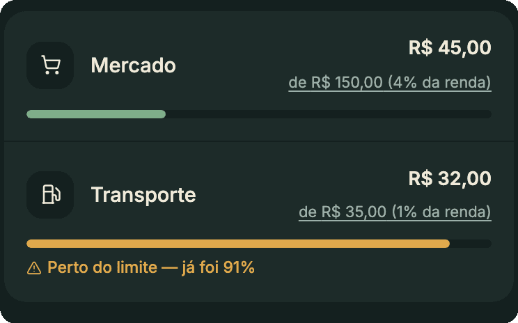 Limites de gastos por categoria, um deles avisando que está perto do limite
