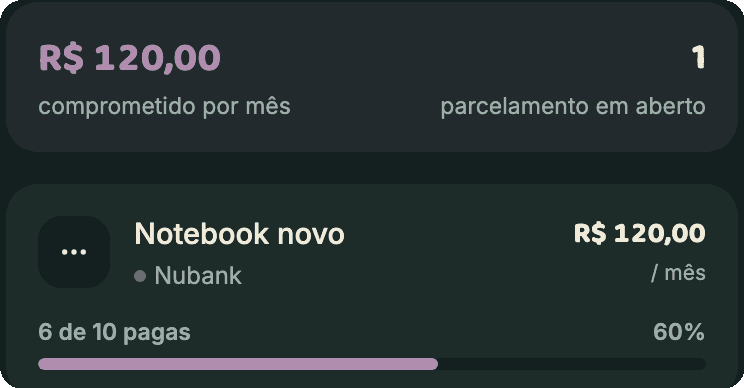 Compra parcelada reconhecida em 6 de 10 parcelas pagas